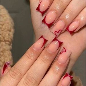Red French Tip Press-On Nails – Heart Accent Coffin Shape Valentine’s Day Fake